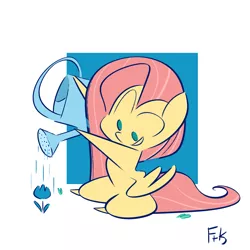 Size: 1280x1280 | Tagged: safe, artist:fluttershythekind, derpibooru import, fluttershy, pony, flower, looking at something, looking down, simple background, sitting, solo, watering, watering can