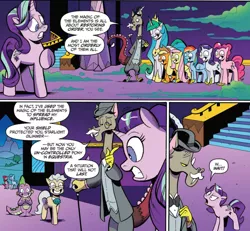 Size: 1032x954 | Tagged: safe, artist:andypriceart, derpibooru import, idw, accord, applejack, discord, fluttershy, mayor mare, pinkie pie, princess celestia, rainbow dash, rarity, spike, starlight glimmer, dragon, pony, chaos theory (arc), spoiler:comic, spoiler:comic50, accord (arc), brainwashed, conclusion: and chaos into the order came, mind control