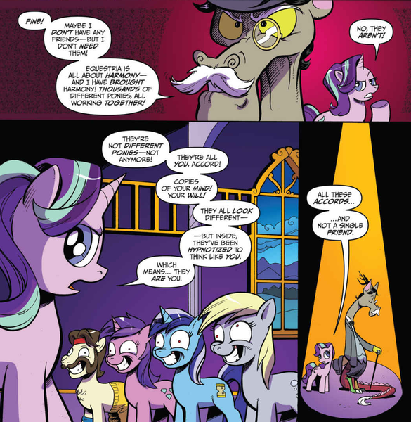 Size: 1043x1070 | Tagged: safe, artist:andypriceart, derpibooru import, idw, accord, ace, amethyst star, derpy hooves, discord, minuette, starlight glimmer, pony, chaos theory (arc), spoiler:comic, spoiler:comic50, accord (arc), brainwashed, conclusion: and chaos into the order came, lip bite, sad