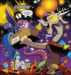 Size: 949x1000 | Tagged: safe, artist:andypriceart, derpibooru import, idw, applejack, discord, doctor whooves, princess celestia, princess luna, rainbow dash, time turner, twilight sparkle, twilight sparkle (alicorn), alicorn, pony, chaos theory (arc), spoiler:comic, spoiler:comic50, accord (arc), andy you magnificent bastard, blinking, box, conclusion: and chaos into the order came, fireworks, food, futurama, pizza, pony in a box