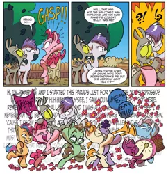 Size: 919x949 | Tagged: safe, artist:jay fosgitt, derpibooru import, idw, discord, pinkie pie, princess celestia, earth pony, pegasus, pony, unicorn, for the pony who has everything, spoiler:comic, spoiler:comic50, balloon, drums, glasses, musical instrument, party, pony discord, trumpet