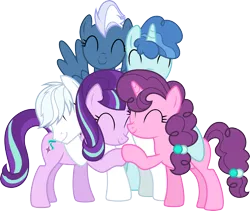 Size: 3562x3000 | Tagged: safe, artist:chainchomp2, derpibooru import, double diamond, night glider, party favor, starlight glimmer, sugar belle, earth pony, pegasus, pony, unicorn, the cutie re-mark, .svg available, equal four, female, high res, hug, male, mare, simple background, stallion, transparent background, vector