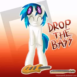 Size: 960x960 | Tagged: safe, artist:marble-soda, derpibooru import, vinyl scratch, pony, unicorn, abstract background, bass guitar, bipedal, broken, drop the bass, eyes closed, grin, musical instrument, pun, smiling, solo, sunglasses, visual pun