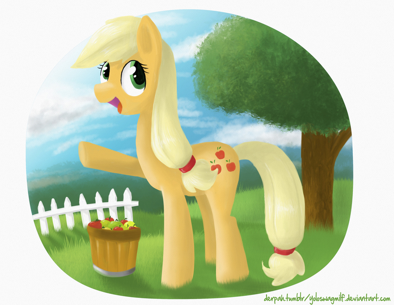 Size: 3300x2550 | Tagged: safe, artist:marble-soda, derpibooru import, applejack, pony, apple, food, missing accessory, sky, solo, tree