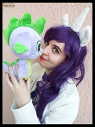 Size: 3456x4608 | Tagged: absurd resolution, artist:krazykari, build-a-bear, clothes, cosplay, costume, derpibooru import, dragon, human, irl, irl human, photo, plushie, pony ears, rarity, safe, spike