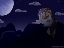 Size: 2048x1536 | Tagged: safe, artist:mentalphase, derpibooru import, oc, unofficial characters only, pegasus, pony, unicorn, eyes closed, moon, mountain, nuzzling, oc x oc, prone, shipping