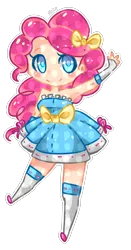 Size: 1084x2069 | Tagged: safe, artist:namjoons-dimples, derpibooru import, pinkie pie, human, bare shoulders, blushing, blush sticker, bow, chibi, clothes, colored pupils, dress, fingerless gloves, gloves, hair bow, humanized, kneesocks, simple background, smiling, socks, solo, transparent background, waving