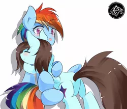 Size: 1400x1200 | Tagged: safe, artist:papibabidi, derpibooru import, rainbow dash, oc, oc:linormusicbeat, pegasus, pony, female, hug, mare, simple background, white background