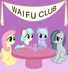 Size: 873x915 | Tagged: artist:jonerico, banner, coco pommel, derpibooru import, flitter, fluttershy, looking at each other, marble pie, safe, sitting, smiling, table, teacup, tea party, teapot, the council of shy ponies, waifu
