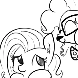 Size: 802x799 | Tagged: safe, artist:tjpones, derpibooru import, fluttershy, pinkie pie, earth pony, pegasus, pony, cheering up, eyes closed, fake moustache, fweeee, glasses, grayscale, hat, monochrome, noisemaker, party hat, simple background, sketch, white background