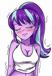 Size: 966x1387 | Tagged: suggestive, artist:sumin6301, derpibooru import, starlight glimmer, equestria girls, belly button, blushing, breasts, busty starlight glimmer, cleavage, clothes, equestria girls-ified, eyes closed, female, lipstick, midriff, preview, shaking, solo, solo female, sweat, tanktop