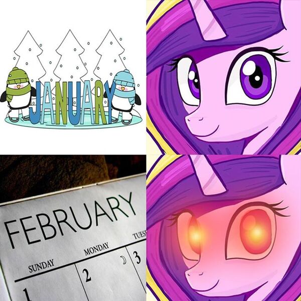 Size: 720x720 | Tagged: artist:the brotherhoof mlp:fim, calendar, cute, cutedance, derpibooru import, facebook, february, glowing eyes, glowing eyes meme, happy, implied valentines day, january, meme, oh god, princess cadance, princess of love, princess of shipping, red eyes take warning, safe, smiling, soon, valentine's day, we are doomed, xk-class end-of-the-world scenario