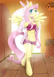 Size: 2550x3600 | Tagged: abs, anthro, arm hooves, artist:hurricanebonbon, backlighting, bathrobe, belly button, blushing, boyshorts, bra, breasts, clothes, crop top bra, derpibooru import, embarrassed, embarrassed underwear exposure, fluttershy, panties, pink underwear, solo, spread wings, suggestive, underwear, unguligrade anthro