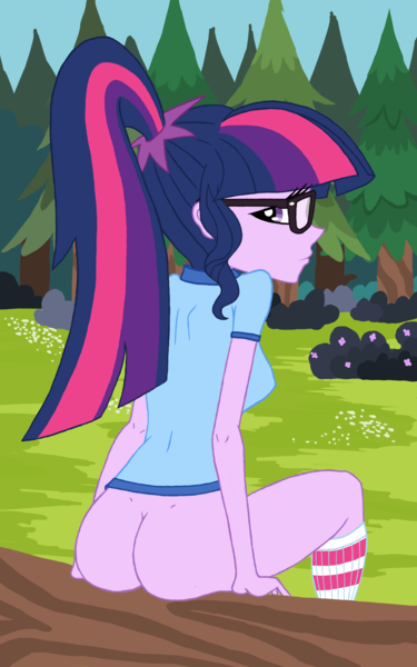 Size: 2971x4753 | Tagged: questionable, artist:oatmeal, derpibooru import, sci-twi, twilight sparkle, equestria girls, absurd resolution, bottomless, buttcrack, camp everfree, casual nudity, clothes, female, glasses, looking at you, looking back, looking back at you, nudity, partial nudity, plot, show accurate, socks, solo, solo female, striped socks, twibutt