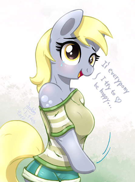 Size: 890x1200 | Tagged: anthro, arm hooves, artist:joakaha, blushing, breasts, busty derpy hooves, clothes, crying, cute, derpibooru import, derpy hooves, dialogue, female, off shoulder, safe, simple background, solo, unguligrade anthro, wingless, wingless anthro