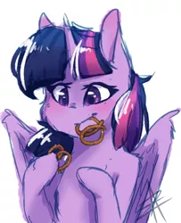 Size: 1024x1258 | Tagged: safe, artist:myralilth, derpibooru import, twilight sparkle, twilight sparkle (alicorn), alicorn, pony, cute, eating, food, pretzel, pretzel coordination, simple background, solo, twiabetes, twipretzel, white background