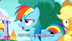 Size: 1280x720 | Tagged: safe, derpibooru import, edit, edited screencap, screencap, applejack, rainbow dash, appledash, caption, carousel boutique, female, lesbian, meme, shipping, shipping denied, text