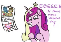 Size: 652x443 | Tagged: safe, artist:jargon scott, derpibooru import, doctor whooves, princess cadance, time turner, pony, calendar, doctor who, eeee, february, implied hearts and hooves day, male, princess of love, squee, stallion, tardis, valentine's day