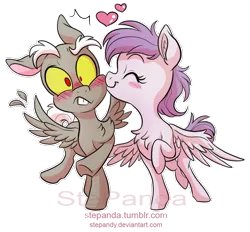 Size: 811x752 | Tagged: safe, artist:stepandy, derpibooru import, idw, discord, princess celestia, pegasus, pony, for the pony who has everything, spoiler:comic, spoiler:comic50, blushing, dislestia, duo, eyes closed, female, flying, heart, kiss on the cheek, kissing, lightly watermarked, male, mare, pegasus celestia, pony discord, shipping, simple background, smiling, spread wings, stallion, straight, style emulation, surprise kiss, surprised, transparent background, watermark