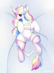 Size: 1329x1789 | Tagged: suggestive, artist:elvche, derpibooru import, oc, unofficial characters only, pony, unicorn, boob window, bra, bra on pony, cat keyhole bra set, cat lingerie, clothes, crop top bra, frilly underwear, heart eyes, horn, lingerie, long hair, on back, panties, pink underwear, ponytail, smiling, socks, solo, stockings, thigh highs, underwear, wingding eyes