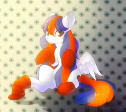 Size: 1181x1050 | Tagged: safe, artist:elvche, derpibooru import, oc, oc:ocean bird, unofficial characters only, pegasus, pony, blushing, clothes, commission, cutie mark, flower, freckles, long hair, long mane, pattern, red eyes, sitting, socks, solo, wings