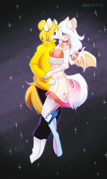 Size: 1140x1916 | Tagged: safe, artist:elvche, derpibooru import, oc, unofficial characters only, anthro, bat pony, earth pony, unguligrade anthro, blushing, clothes, commission, dress, female, flying, hug, long hair, male, mare, socks, space, stars, stockings, sweater, thigh highs, wings