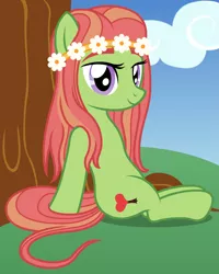 Size: 2167x2715 | Tagged: safe, alternate version, artist:badumsquish, derpibooru import, tree hugger, earth pony, pony, alternate hairstyle, cloud, cute, female, flower, grass, hairband, hill, hippie, huggerbetes, long hair, looking at you, purple eyes, sitting, sky, smiling, sober, solo, tree