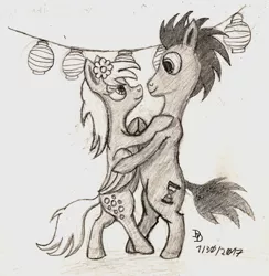 Size: 1600x1638 | Tagged: safe, artist:darkdabula, derpibooru import, derpy hooves, doctor whooves, time turner, pony, bipedal, dancing, doctorderpy, flower, flower in hair, lantern, male, monochrome, shipping, straight, traditional art