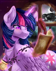 Size: 2640x3360 | Tagged: safe, artist:serenity, derpibooru import, twilight sparkle, twilight sparkle (alicorn), alicorn, pony, book, colored pupils, ear fluff, fluffy, heart eyes, ink, jewelry, levitation, magic, moon, necklace, night, pen and ink, pretty, quill, solo, speedpaint, speedpaint available, telekinesis, wing fluff, wingding eyes