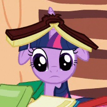 Size: 210x210 | Tagged: safe, derpibooru import, screencap, twilight sparkle, pony, unicorn, secret of my excess, animated, blinking, book, book hat, bookhorse, cropped, cute, female, floppy ears, frown, gif, horn impalement, mare, solo, twiabetes