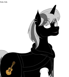 Size: 774x857 | Tagged: safe, artist:asika-aida, derpibooru import, oc, oc:bass, unofficial characters only, pony, unicorn, clothes, commission, ear piercing, grey hair, looking back, male, piercing, simple background, smiling, solo, stallion, transparent background