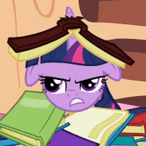 Size: 210x210 | Tagged: safe, derpibooru import, screencap, twilight sparkle, pony, unicorn, secret of my excess, animated, blinking, book, book hat, bookhorse, cropped, floppy ears, gif, grumpy, grumpy twilight, horn impalement, open mouth, solo