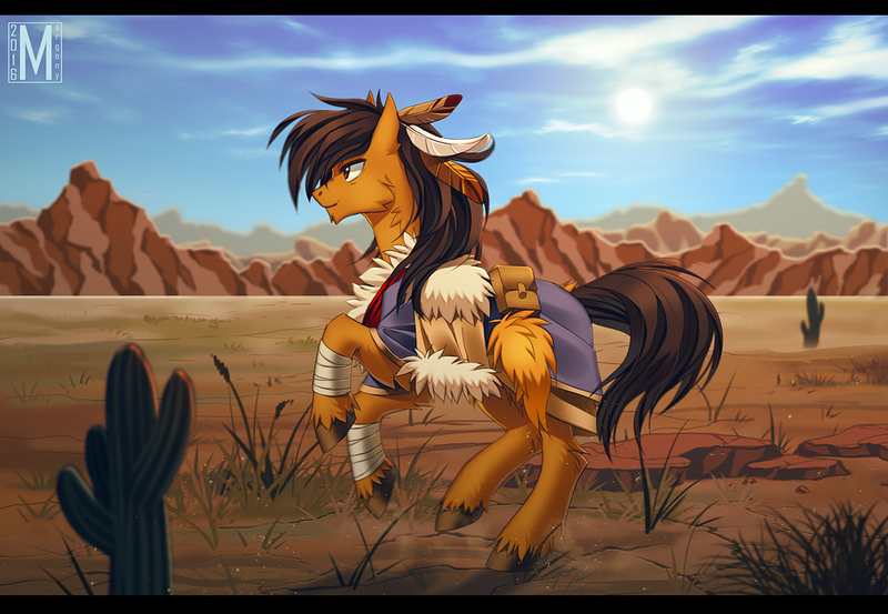 Size: 1300x898 | Tagged: artist:margony, cactus, clothes, derpibooru import, desert, feather, grass, mountain, oc, safe, scenery, solo, unofficial characters only