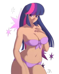 Size: 2400x3000 | Tagged: artist:souladdicted, bra, breasts, busty twilight sparkle, cleavage, clothes, cutie mark background, derpibooru import, female, front knot midriff, hand on chest, human, humanized, midriff, moderate dark skin, panties, pose, simple background, solo, solo female, stupid sexy twilight, suggestive, twilight sparkle, underwear, wide hips