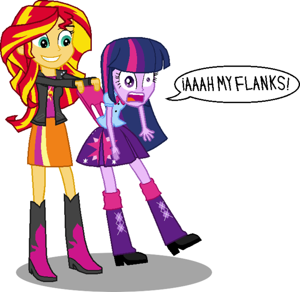 Size: 696x677 | Tagged: safe, artist:toonalexsora007, derpibooru import, sunset shimmer, twilight sparkle, equestria girls, boots, clothes, dialogue, female, grin, jacket, literal butthurt, out of character, pain, panties, panty pull, pink underwear, pleated skirt, shirt, simple background, skirt, smiling, transparent background, underwear, wedgie