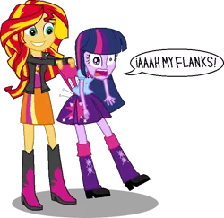 Size: 696x677 | Tagged: safe, artist:toonalexsora007, derpibooru import, sunset shimmer, twilight sparkle, equestria girls, boots, clothes, dialogue, female, grin, jacket, literal butthurt, out of character, pain, panties, panty pull, pink underwear, pleated skirt, shirt, simple background, skirt, smiling, transparent background, underwear, wedgie