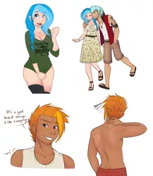 Size: 1579x1822 | Tagged: adorasexy, artist:askbubblelee, big breasts, blue hair, breasts, clothes, couple, cute, derpibooru import, dress, elf ears, feet, female, freckles, from behind, human, humanized, humanized oc, looking at you, makolee, male, oc, oc:bubble lee, oc:mako, oc:singe, oc x oc, one eye closed, partial nudity, sandals, scar, sexy, shipping, shirt, shorts, simple background, smiling, straight, suggestive, topless, unofficial characters only, white background