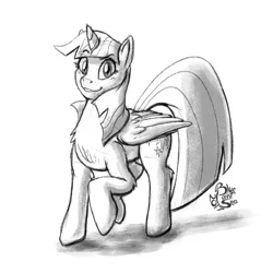 Size: 1000x1000 | Tagged: safe, artist:blue-paint-sea, derpibooru import, twilight sparkle, twilight sparkle (alicorn), alicorn, pony, black and white, folded wings, grayscale, happy, monochrome, raised eyebrow, raised hoof, simple background, sketch, smiling, solo, white background