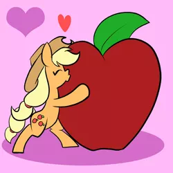 Size: 576x576 | Tagged: safe, artist:pembroke, derpibooru import, applejack, pony, apple, bipedal, bipedal leaning, eyes closed, food, giant apple, heart, joke shipping, just one bite, kissing, leaning, solo, that pony sure does love apples