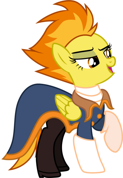 Size: 1001x1448 | Tagged: artist:cloudyglow, captain amelia, clothes, clothes swap, cosplay, costume, crossover, derpibooru import, disney, lidded eyes, longcoat, open mouth, raised hoof, safe, simple background, solo, spitfire, transparent background, treasure planet, vector