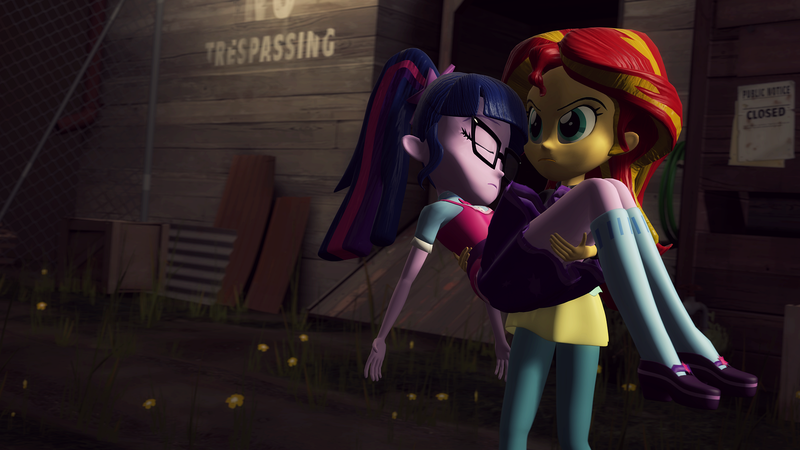 Size: 1920x1080 | Tagged: safe, artist:razethebeast, derpibooru import, sci-twi, sunset shimmer, twilight sparkle, equestria girls, 3d, carrying, clothes, female, glasses, lesbian, pants, scitwishimmer, serious, serious face, shipping, shoes, socks, source filmmaker, sunsetsparkle, unconscious