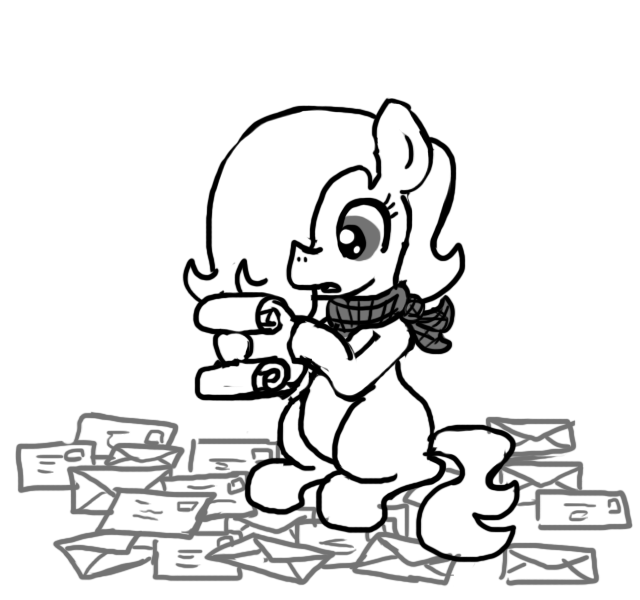 Size: 640x600 | Tagged: safe, artist:ficficponyfic, derpibooru import, oc, oc:emerald jewel, unofficial characters only, earth pony, pony, colt quest, bandana, child, colt, concerned, femboy, foal, hair over one eye, letter, mail, male, monochrome, reading, scroll, solo, story included