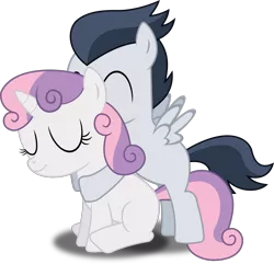 Size: 1225x1182 | Tagged: artist:meandmyideas, derpibooru import, hug, hug from behind, male, rumbelle, rumble, safe, shipping, simple background, straight, sweetie belle, transparent background