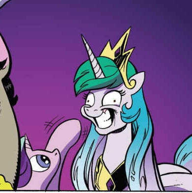 Size: 391x393 | Tagged: safe, artist:andypriceart, derpibooru import, idw, accord, discord, princess celestia, starlight glimmer, alicorn, pony, unicorn, chaos theory (arc), spoiler:comic, spoiler:comic50, accord (arc), boop, conclusion: and chaos into the order came, contemplating insanity, derp, female, gradient background, grin, mare, mind control, shrunken pupils, slasher smile, smiling, stepford smiler, waving, wide eyes