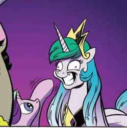 Size: 391x393 | Tagged: safe, artist:andypriceart, derpibooru import, idw, accord, discord, princess celestia, starlight glimmer, alicorn, pony, unicorn, chaos theory (arc), spoiler:comic, spoiler:comic50, accord (arc), boop, conclusion: and chaos into the order came, contemplating insanity, derp, female, gradient background, grin, mare, mind control, shrunken pupils, slasher smile, smiling, stepford smiler, waving, wide eyes