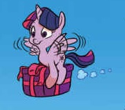 Size: 181x160 | Tagged: safe, artist:jay fosgitt, derpibooru import, idw, twilight sparkle, twilight sparkle (alicorn), alicorn, pony, for the pony who has everything, spoiler:comic, spoiler:comic50, box, flying, picture for breezies, present, solo