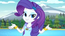 Size: 1090x605 | Tagged: suggestive, derpibooru import, edit, edited screencap, editor:glimmer :v, screencap, rarity, equestria girls, legend of everfree, bracelet, breast edit, breasts, camp everfree, clothes, female, jewelry, lake, lip bite, solo