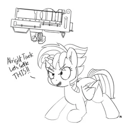 Size: 1280x1259 | Tagged: safe, artist:pabbley, derpibooru import, twilight sparkle, twilight sparkle (alicorn), alicorn, pony, alternate hairstyle, dialogue, fallout, fat man, grayscale, gun, magic, mini nuke, monochrome, open mouth, punklight sparkle, simple background, solo, telekinesis, this will end in explosions, weapon, white background