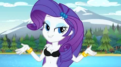 Size: 1090x605 | Tagged: suggestive, derpibooru import, edit, edited screencap, editor:glimmer :v, screencap, rarity, equestria girls, legend of everfree, belly button, black underwear, bra, bracelet, breasts, camp everfree, clothes, female, jewelry, solo, solo female, underwear, underwear edit