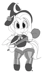 Size: 1139x1920 | Tagged: safe, artist:pabbley, derpibooru import, fluttershy, pony, bipedal, clothes, grayscale, hat, mage, monochrome, shirt, simple background, socks, solo, staff, striped socks, white background, witch hat